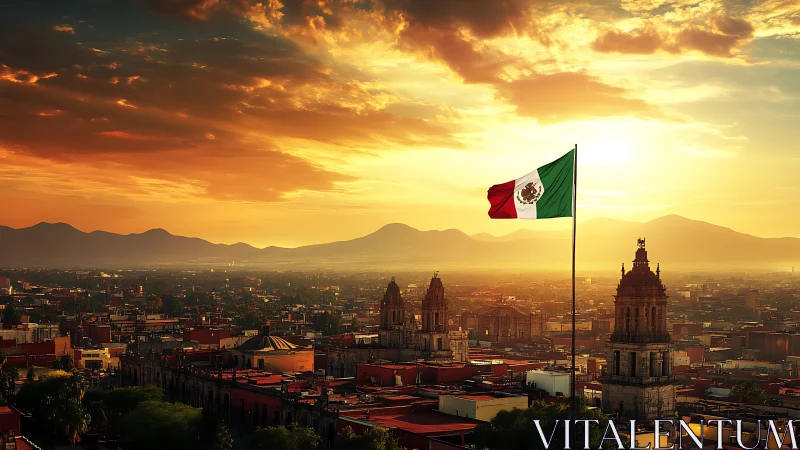 Mexican flag waves above Mexico City skyline at sunset.
