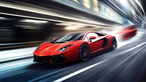 Red supercar slicing through neon city night streets.