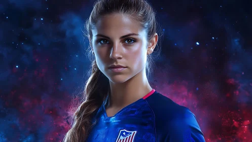 Focused soccer player portrait against cosmic nebula backdrop