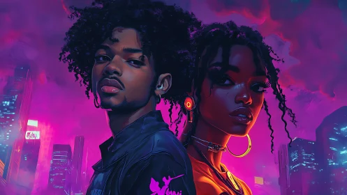 Neon-lit cyberpunk duo in vaporwave night-city composition.