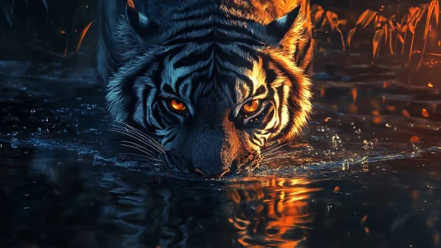 Fiery eyed tiger cooling off in shimmering evening water.