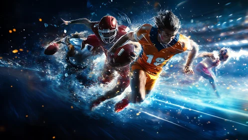 Blazing gridiron sprinters collide in a storm of stadium light.