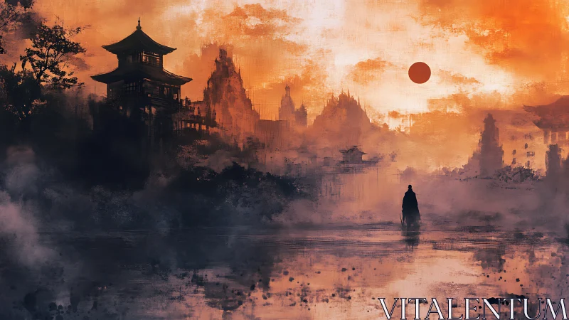 Wanderer in mist, crimson sun above quiet temples.