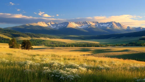 Alpine grassland under low-angle sunlight with stratified shadows.