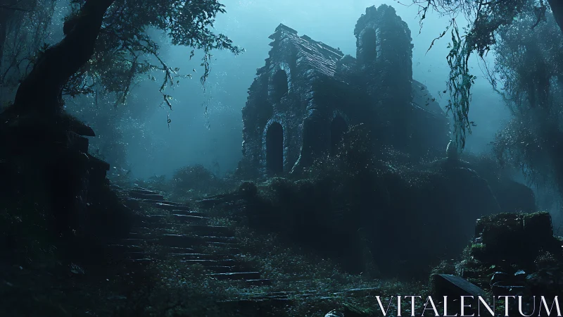 Moonlit ruins inviting quiet adventures in the misty wood.