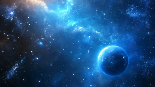 Gentle blue planet drifting through a glowing starfield.