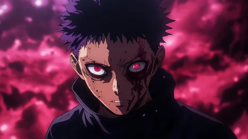 Fierce anime fighter standing strong in a storm of crimson light.