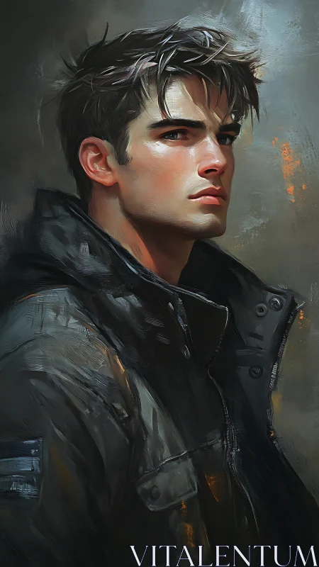 Storm-lit wanderer studies horizons with guarded resolve