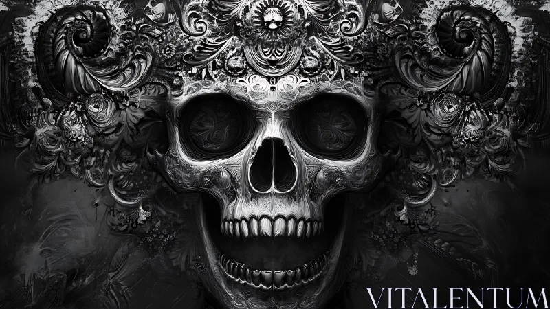 Baroque skull glows amid swirling monochrome ornamentation.