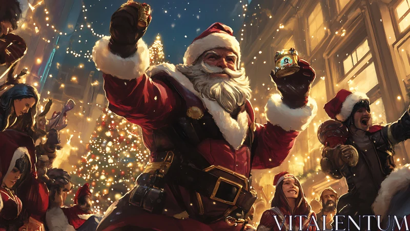 Santa-clad crowd in illuminated urban winter street scene.