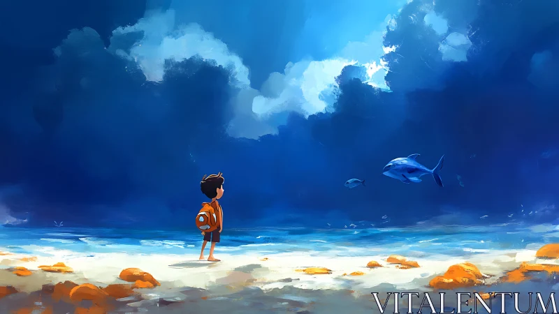 Small shore dreamer greeting a sky of wandering dolphins.