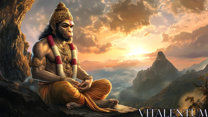 Hanuman meditates over misty mountains at radiant sunrise