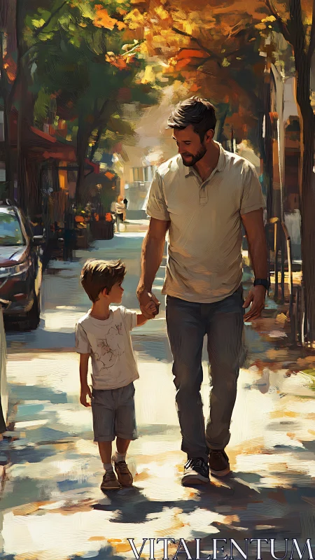 Autumn street scene renders father and child in warm light