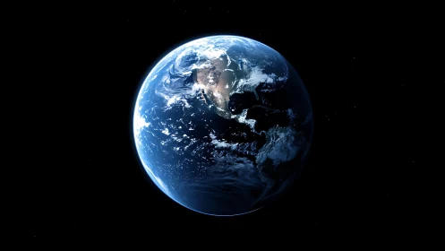 Blue marble Earth in deep space with illuminated Americas.
