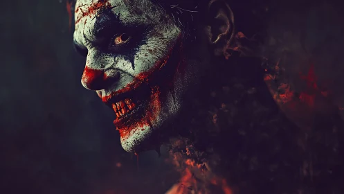 Grim clown portrait with smeared makeup in dark profile view.