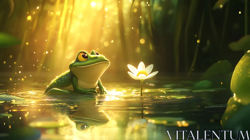 Tree frog observing white flower in glowing pond light.