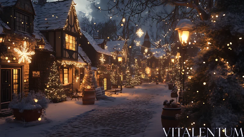 Snow-laden village street under dense festive illumination.