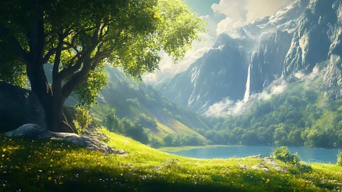 Tree, mountain lake and waterfall in sunlit valley scene.