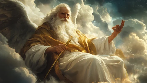 Majestic robed deity seated in glowing celestial clouds.