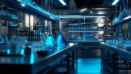 Futuristic blue-lit laboratory with glassware and beakers.
