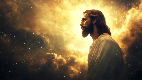 Radiant robed figure stands in glowing celestial clouds.