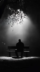Solitary figure on park bench under stark backlight.