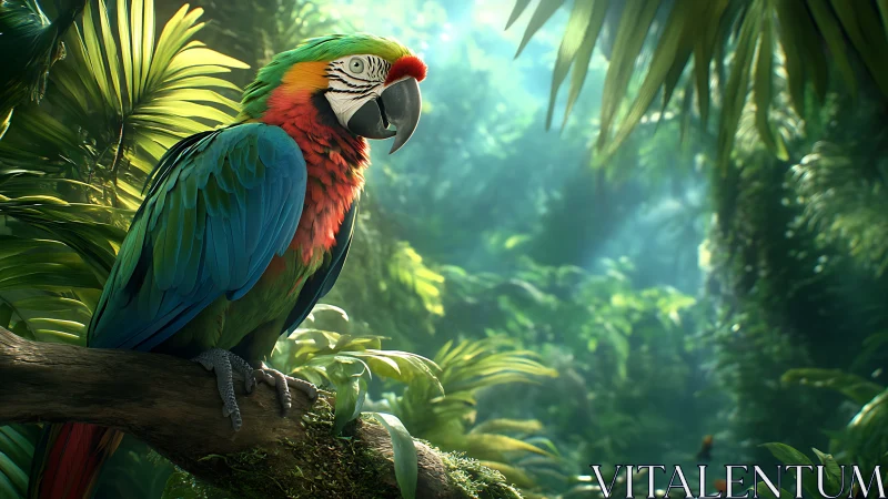 Rainbow macaw resting in sunlit jungle green.