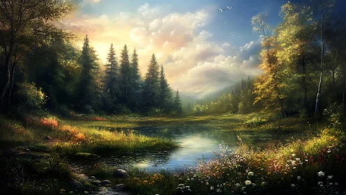 Luminous forest lake landscape in romantic digital painting style.