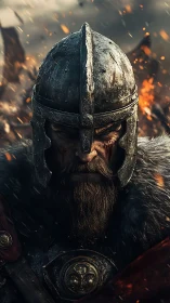 Armored bearded warrior stands amid sparks in close frontal view