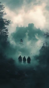 Three cloaked travelers approach ruined castle in fog.