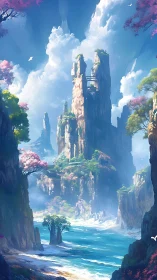 Towering fantasy cliffs over turquoise river valley.