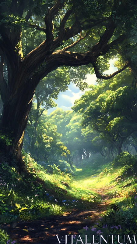 Ancient Forest Grove with Sunlit Canopy Path.