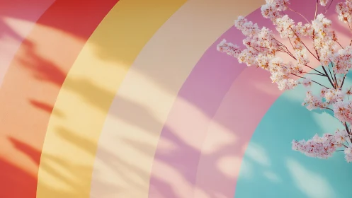 Pastel rainbow wall with blooming cherry blossoms branch.