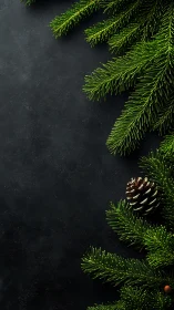 Photorealistic fir branches on dark slate with pinecone framing.