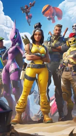 Cartoon squad of stylized fighters stands in formation