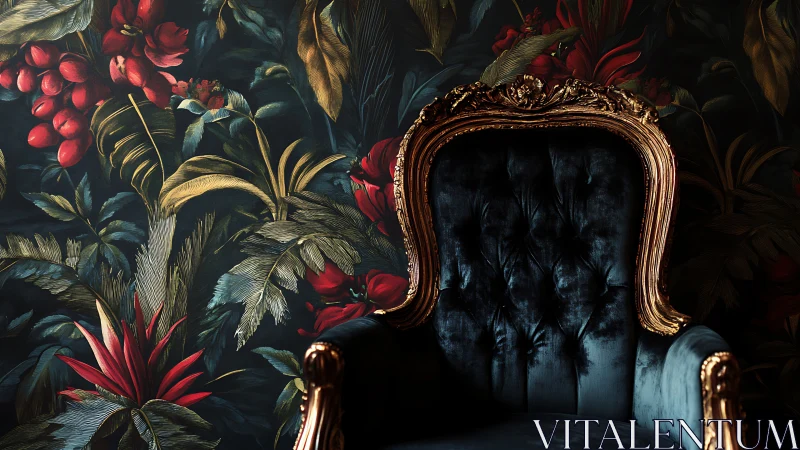 Velvet armchair against dark botanical floral wallpaper.