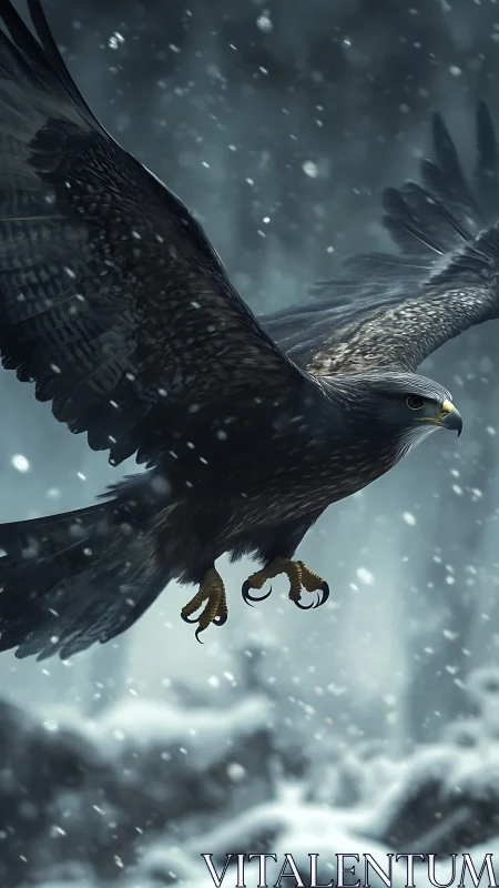 Raptor in mid-flight over snow-covered winter terrain.
