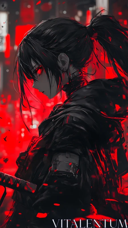 Cyber-noir ronin in red backlight renders high tension