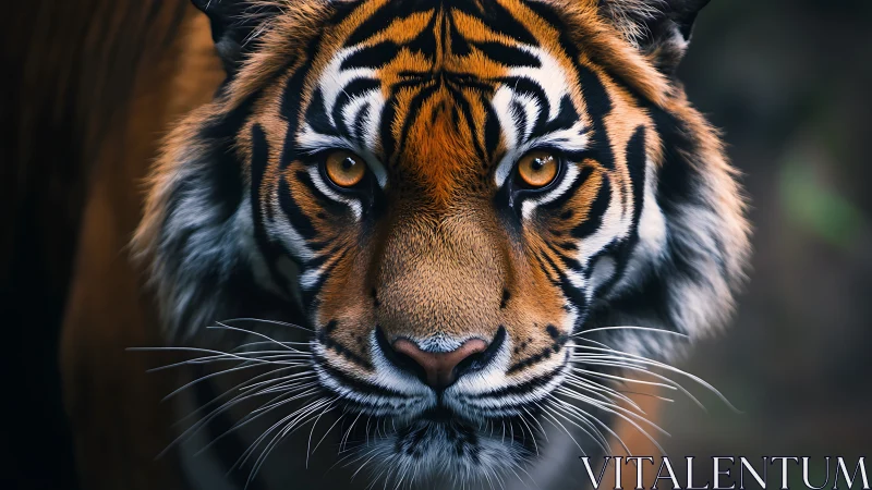 Focused tiger portrait with sharp eyes and detailed fur.