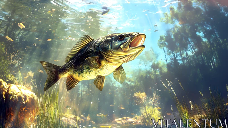 Sunlit river bass gliding through a sparkling underwater world.
