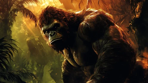 Mighty jungle gorilla pauses in glowing golden rainforest light