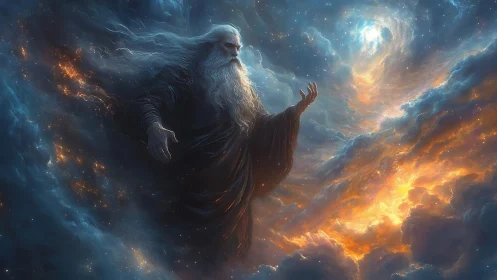 Ethereal cosmic deity commands swirling nebula light