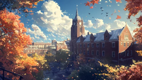 Autumn campus skyline with clocktower under crisp blue sky.