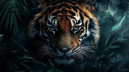 Hyperreal tiger portrait advances through atmospheric jungle fog