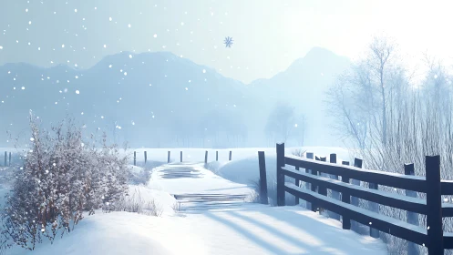 Snow-covered rural pathway with fence in soft daylight.