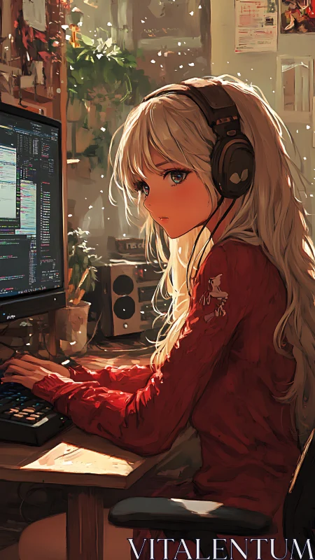 Soft morning coder glows in a cozy, sunlit anime workspace