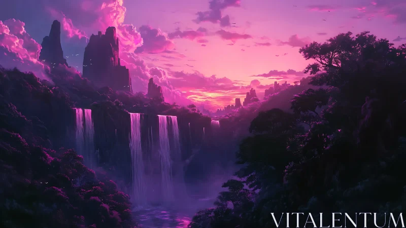 Luminescent waterfalls cascade through a magenta twilight valley