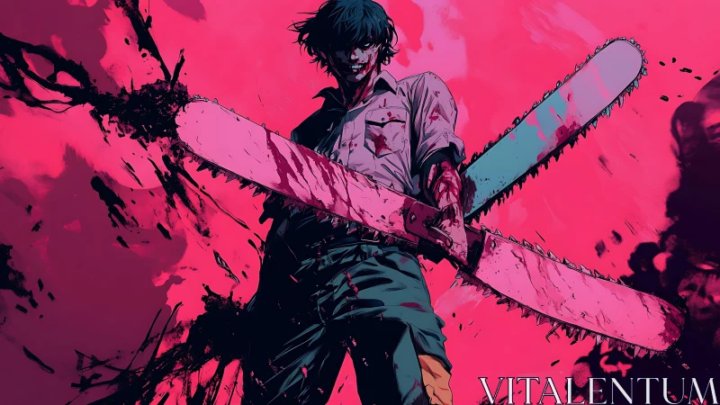 Bloodied fighter wields dual chainsaws against vivid pink void