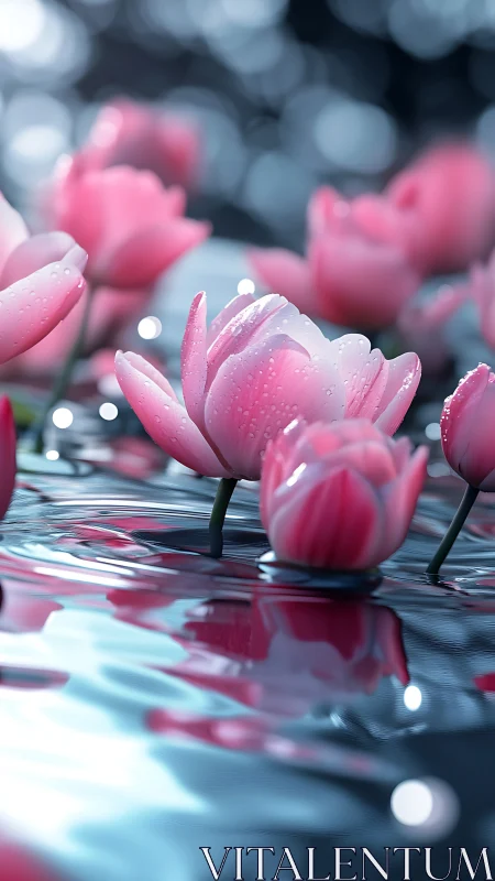 Pink Tulips Dancing in Water: Nature's Delicate Wonder.