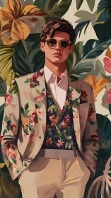 Stylish man in floral suit against lush tropical foliage